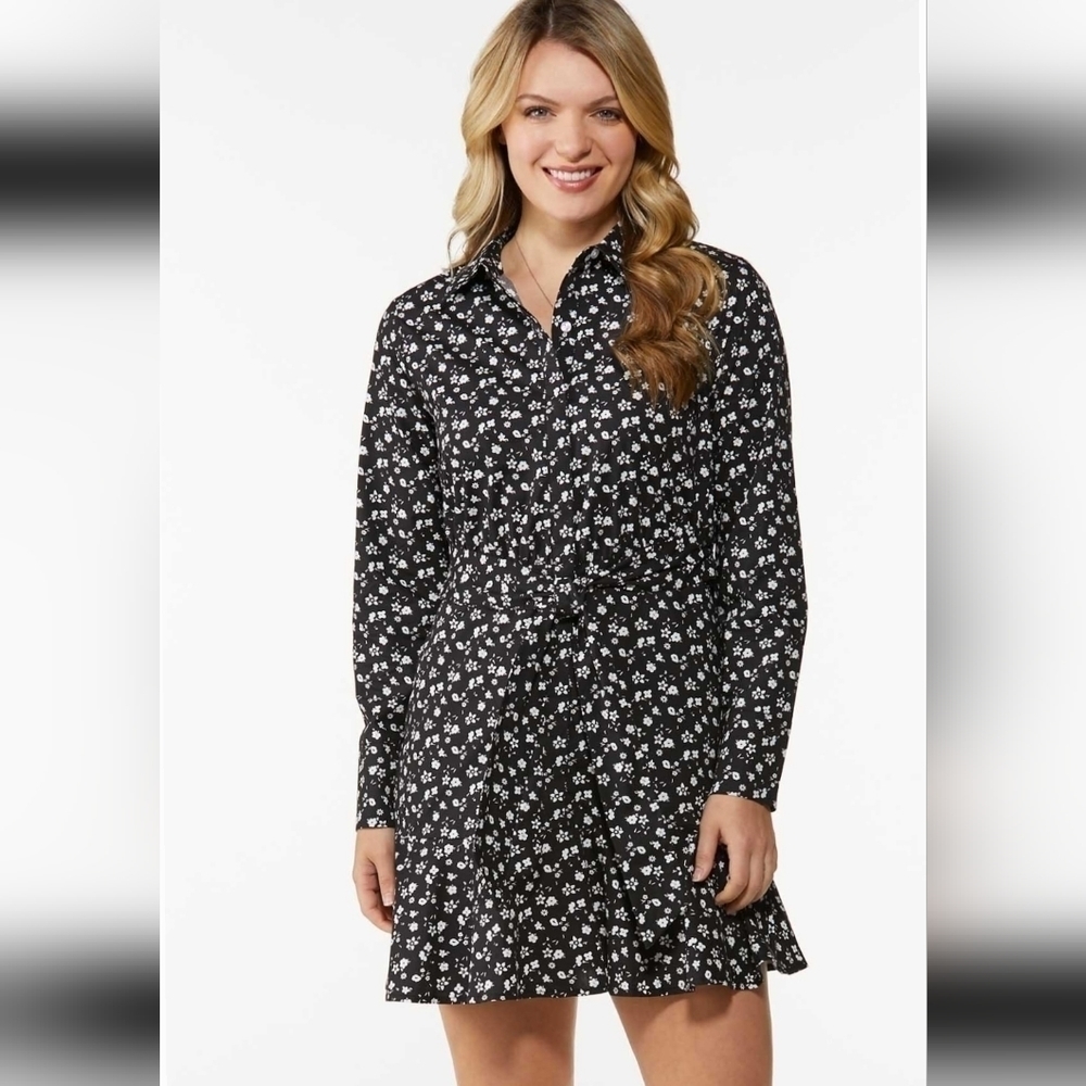 NWT LOVE AFFAIR WAIST-TIE BUTTONFRONT DRESS IN BLK/WHT